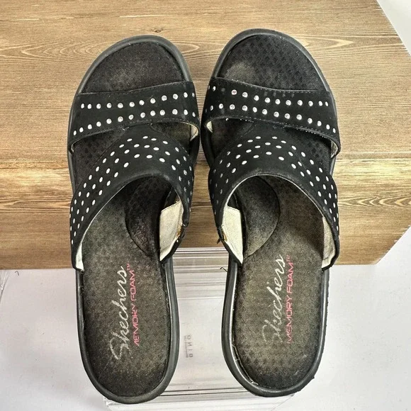Skechers Black Studded Wedge Slide Sandals Womens 9 Memory Foam Whimsigoth Y2K - Picture 10 of 10